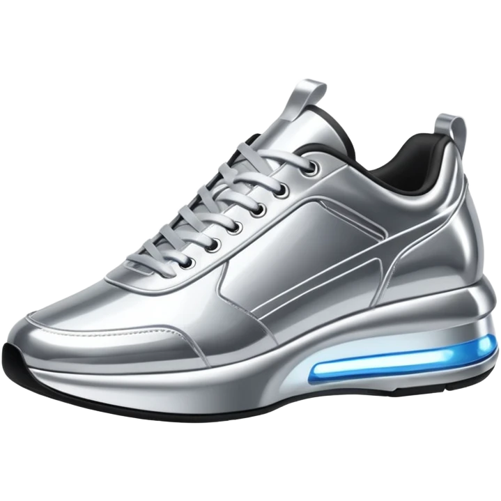 A pair of futuristic sneakers emoji made of silver chrome, sleek streetwear design, smooth metallic panels, subtle reflections, luxury swag aesthetic, iOS emoji style, centered, clean white background emoji