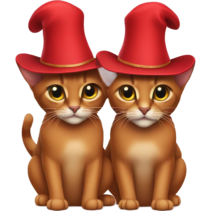 Two Abyssinian cats in big red hats emoji