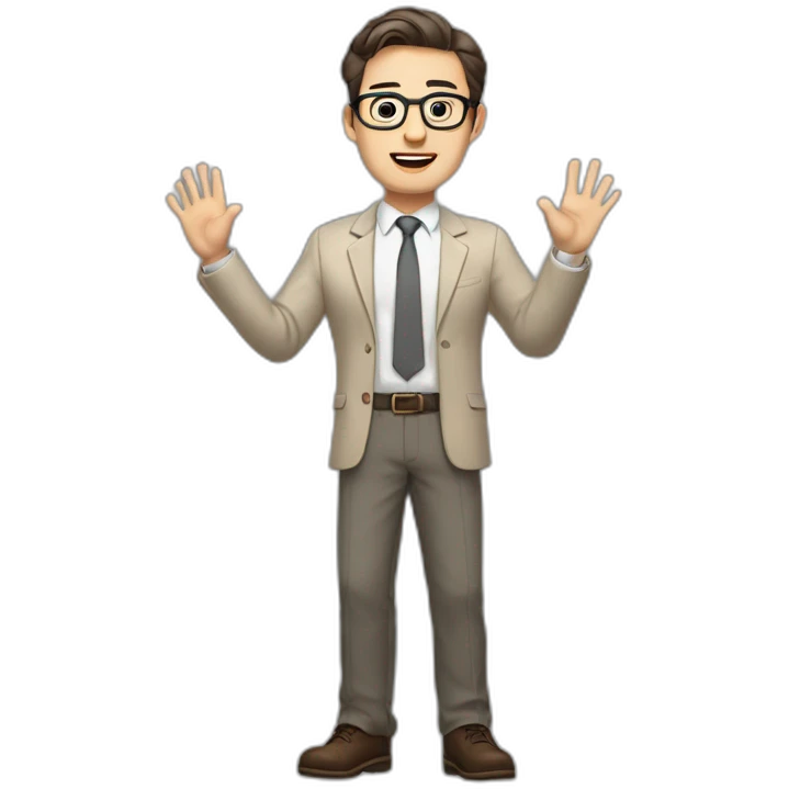 Full height Actively gesturing with hands Pale skinned fit man with dark brown hair in gray jacket, beige office shirt, brown tie, brown pants and vintage glasses. emoji