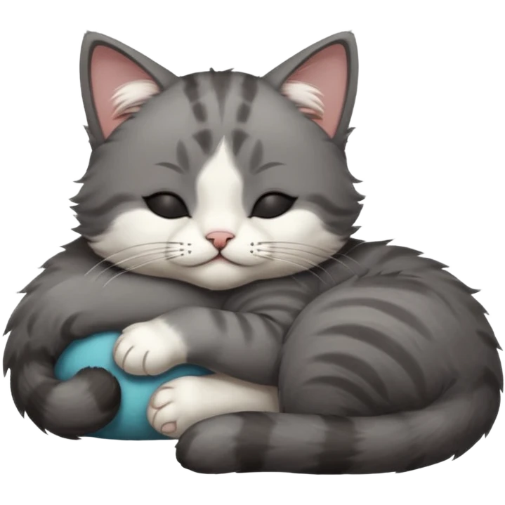 dark grey and white small cat with closed eyes, leaning his head on his paw while leaning on his elbow lying down emoji
