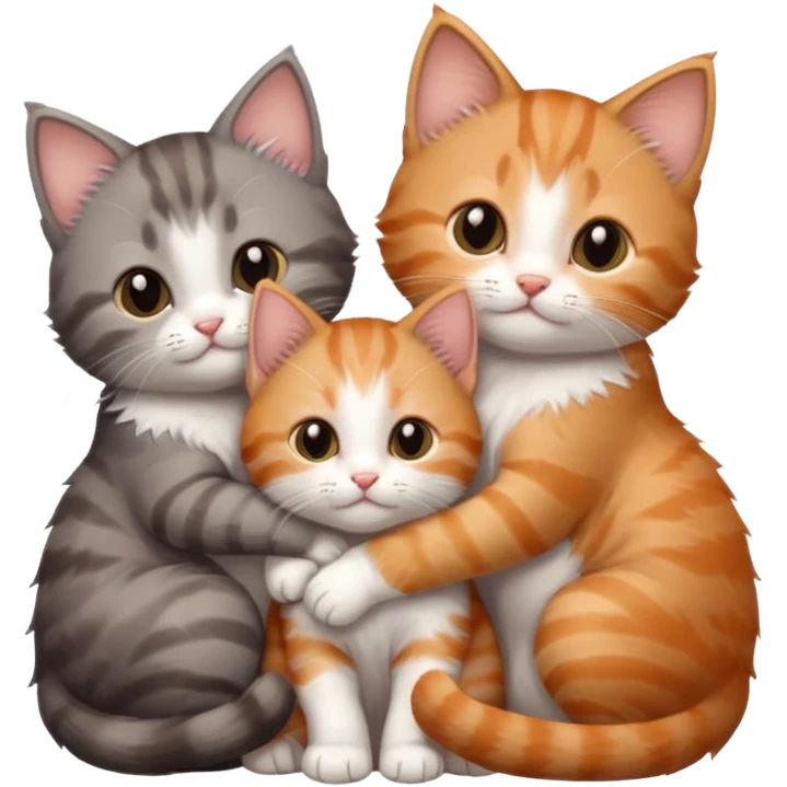3 tiny kittens cuddling together all different colours, the first one is grey and white, the second is ginger and white and the third is brown tabby and white emoji