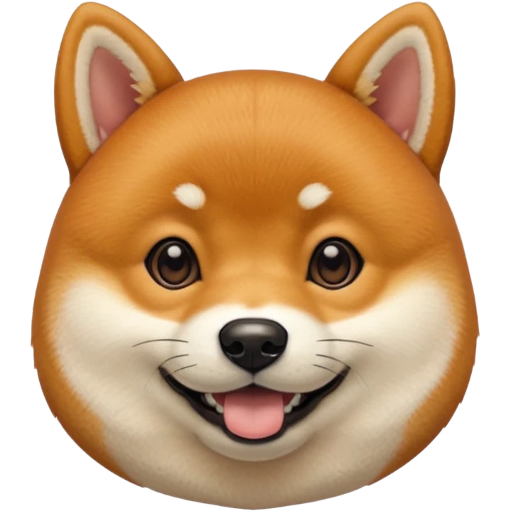 Head of a Shiba Inu dog, in orange-brown fur with white muzzle and cheeks, round face, big black eyes, perky ears, grinning with closed mouth, no tongue, front-facing, glossy texture, soft shadows
 emoji