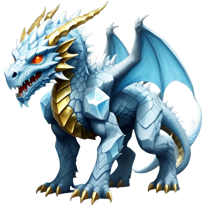 This extraordinary hybrid creature combines the elemental power of an ice dragon with the raw physical might of a stone golem. Its core body resembles a cluster of angular, faceted stones that have been infused with magical ice energy. The creature's head features a draconic shape with curved horns and piercing amber-gold eyes, but parts of its face retain the jagged stone texture. Blue-white energy flows between the rock segments, creating glowing lines throughout its body. The creature has developed partial wings made of crystalline ice formations extending from its rocky frame, and its tail alternates between stone segments and ice spikes. Sharp teeth line its mouth, some appearing as polished stone, others as ice crystals. Frost continuously emanates from its body, and when it moves, it creates a distinctive sound of grinding stone and crackling ice. full body emoji
