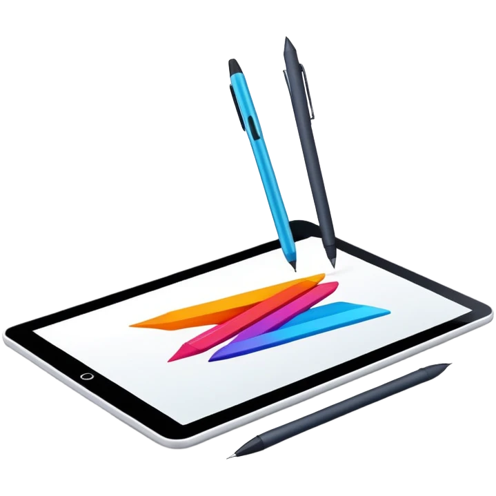 Computer graphics, digital art tools, graphic tablet, stylus, vibrant colors, smooth lines, modern design elements, minimalistic, on a white background, no extra details. emoji