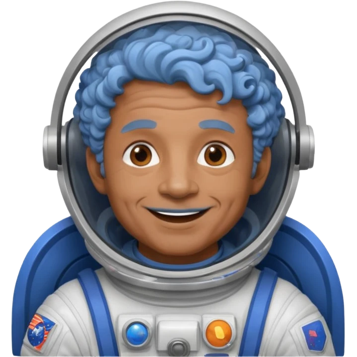 old man, brown skin astronaut with curly blue hair, smile emoji