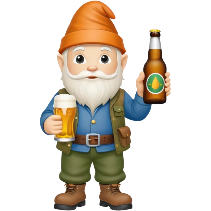 Garden gnome wearing carhartt clothes holding a bottle of beer emoji