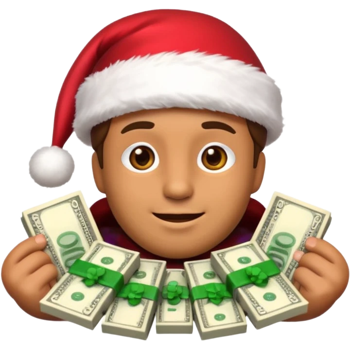 A confident rich emoji face wearing a Santa hat, money stacks, casino vibe, New Year theme, premium 3D emoji style, sharp details, no text, isolated on transparent background emoji