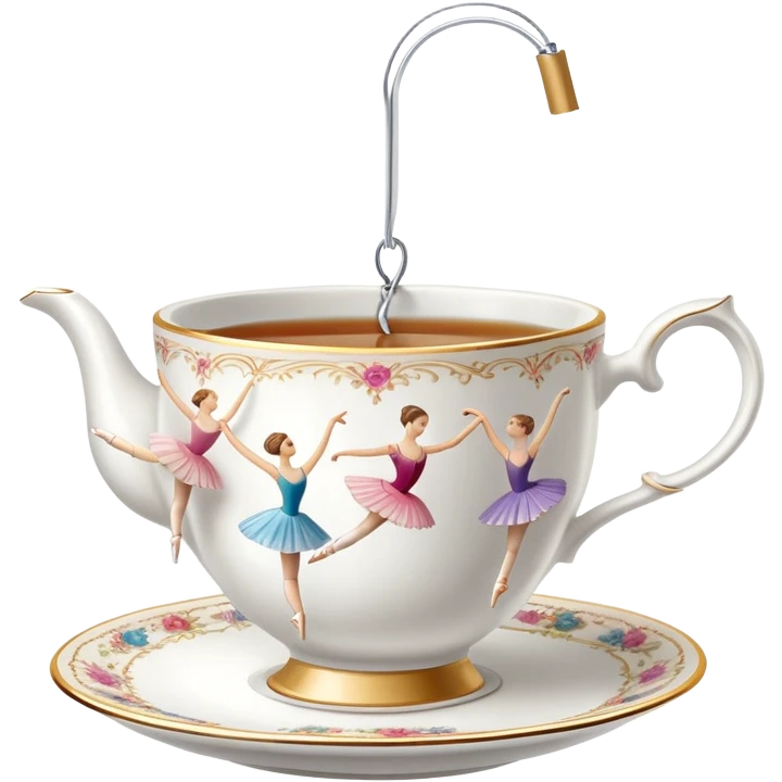 A tea cup with a tea bag tag hanging out, dancing en pointe in a classical ballet position emoji