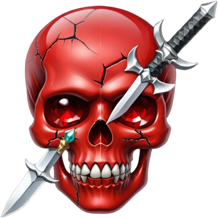 make me a red crystal skull partly see thew super gem like make it realistic and held together by a black bow and a small dagger to the eye with cracks coming from it have the bow be loosely tied around the skull holding it together make the blade super realistic  emoji
