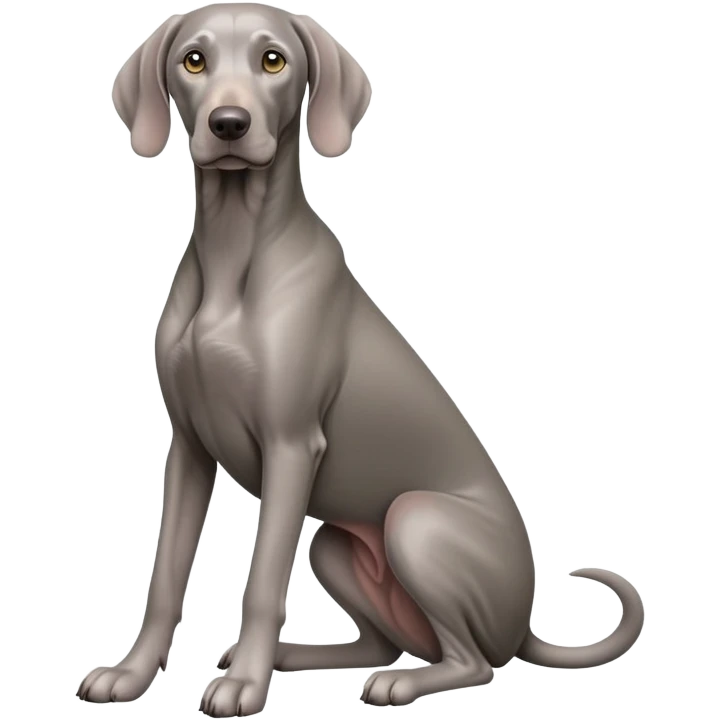 cinematic-[weimaraner-realistic-full-body-sitting-emoji,-tail-resting-loosely-beside-its-paws,-head-tilted-dramatically, -sleek-[grey]-fur,-simplified-yet-realistic-focused-features,-highly-detailed,-glowing-with-an-almost-sarcastic-glow emoji