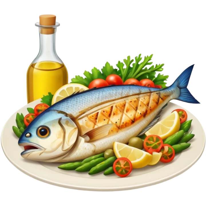plate with fish, vegetables, and olive oil bottle emoji