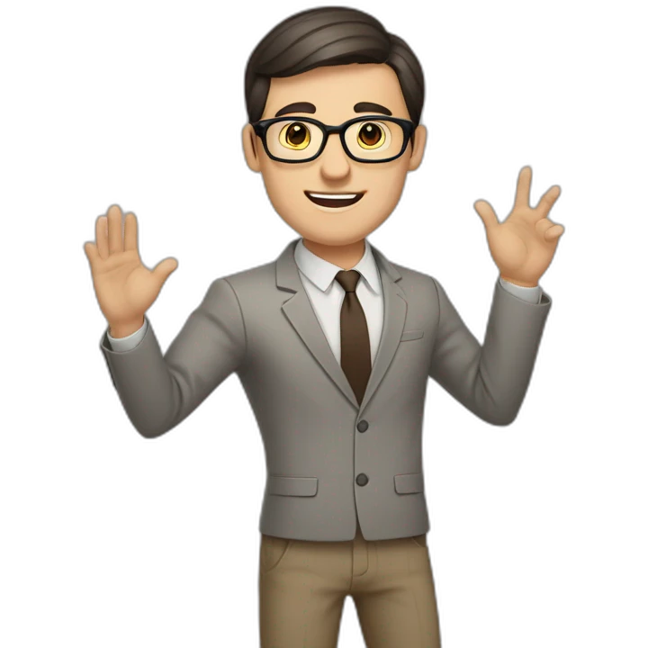 Full height Actively gesturing with hands Pale skinned fit man with dark brown hair in gray jacket, beige office shirt, brown tie, brown pants and vintage glasses. emoji