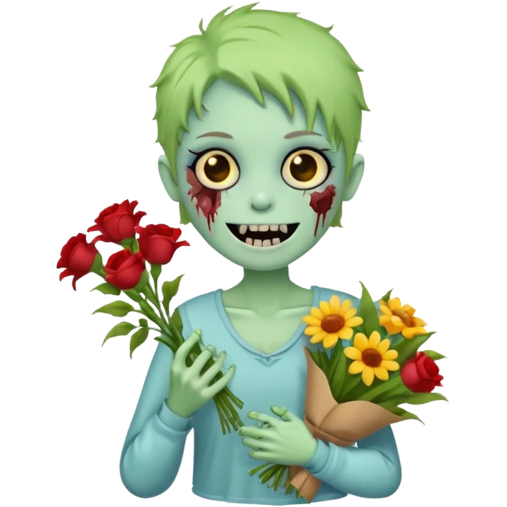 Cute funny zombie gives flowers emoji
