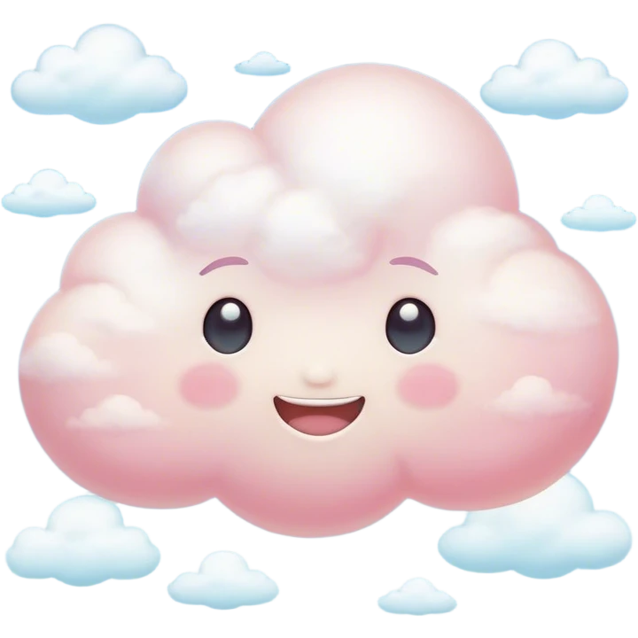 Cinematic round pastel cloud, soft puffy texture, gentle glowing edges, tiny happy face with blushing cheeks, floating in a dreamy sky, warm and magical. emoji
