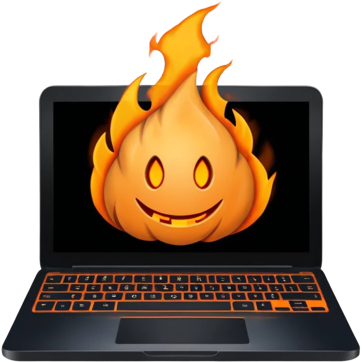  burning laptop with "malwarebytes" logo emoji