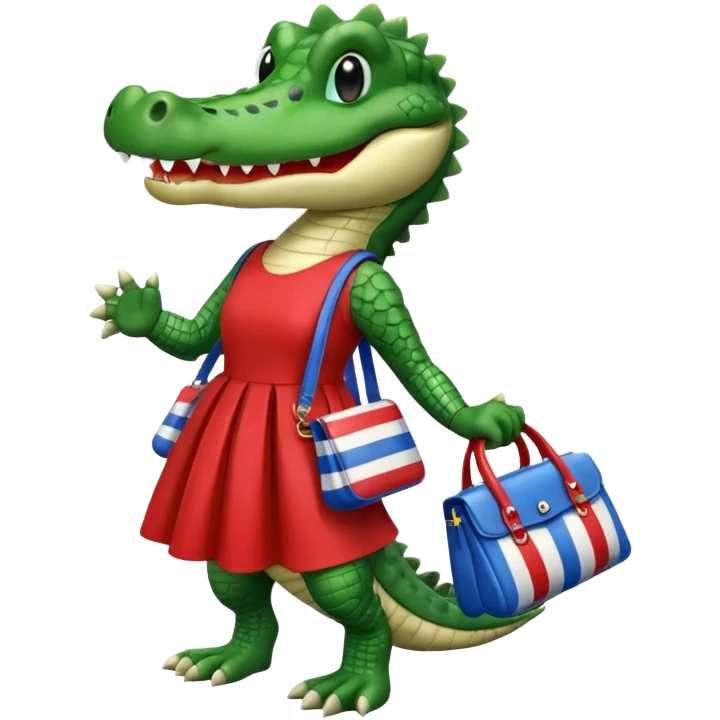 smiling crocodile in a red dress, blue boots, carrying a striped bag emoji