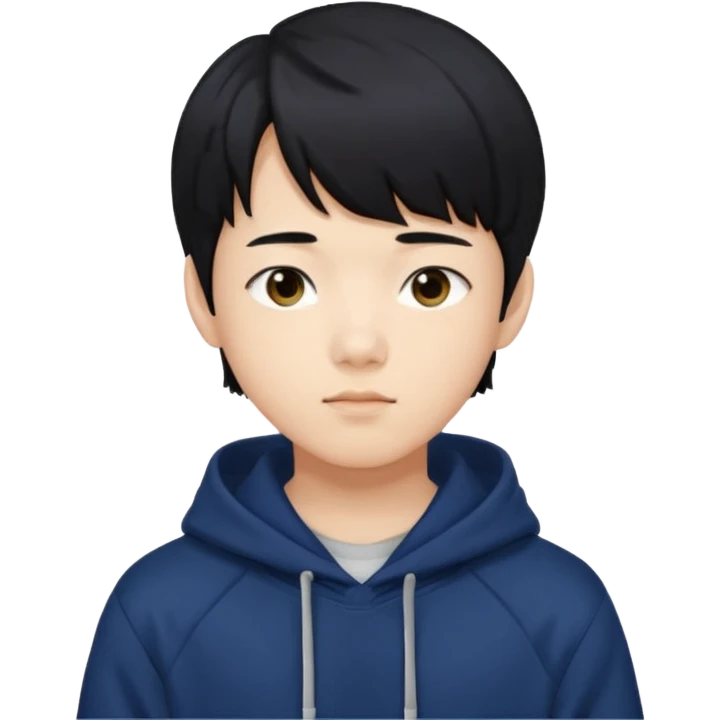 흑발에 앞머리를 덮은 잘생긴 14세 한국소년/ 옷 색깔은 남색 후드티 emoji