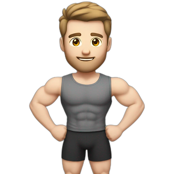 Close up Actively gesturing  with hands Pale skinned Fit Man With the biceps and brown hair in dark gray Sleeveless Mike, black oversize sports shorts, watch and white Sneakers emoji