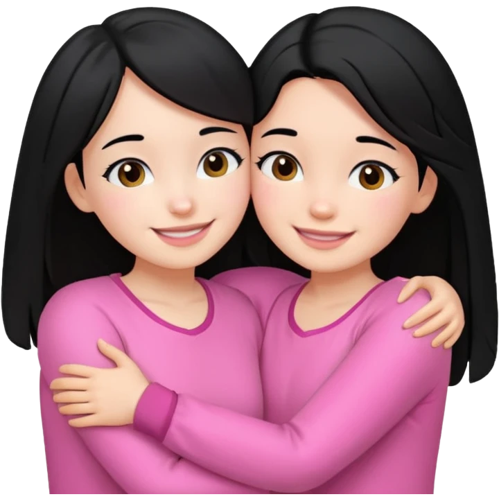 2 girls with black hair hugging each other. One is wearing white clothes and the other is wearing pink clothes emoji