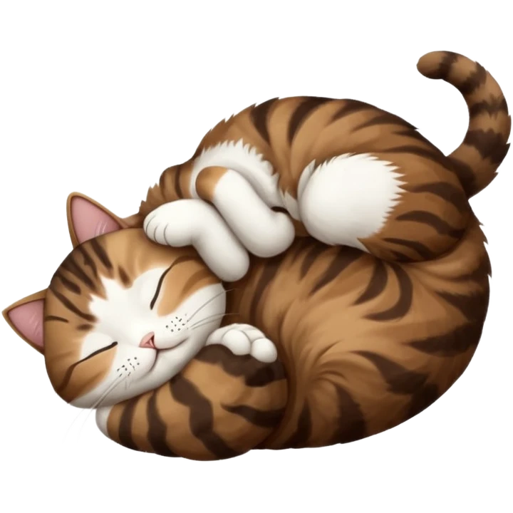 dark brown tabby and white cat in funny positions upside down with eyes closed emoji