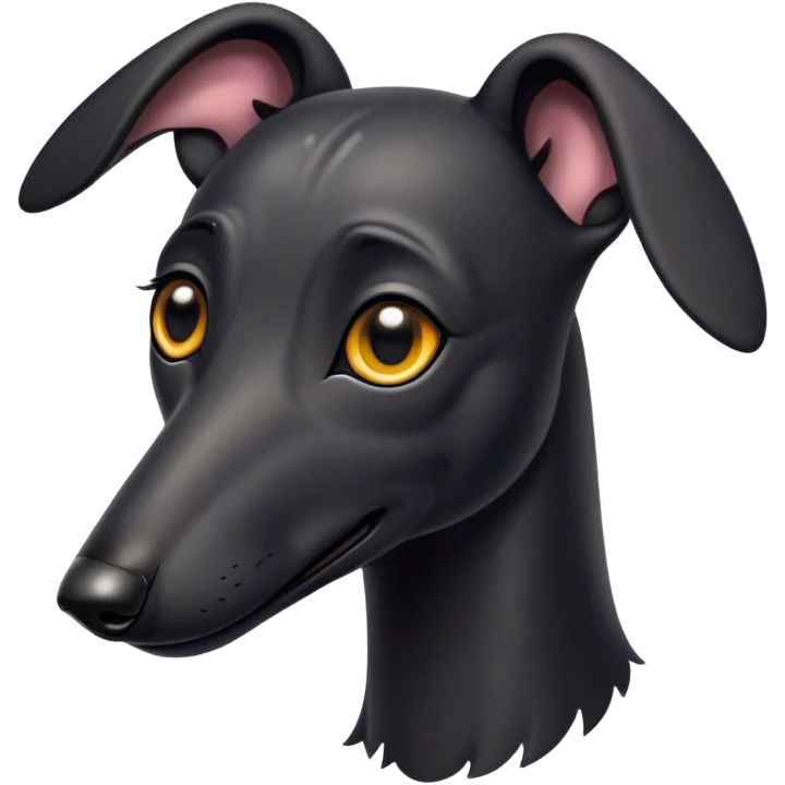 Cinematic Cute Black Greyhound Portrait Emoji, Head tilted playfully and inquisitively, featuring a smooth, shiny jet-black Fur and round, sparkling dark eyes filled with curiosity, Simplified yet irresistibly adorable features, highly detailed, glowing with a warm, friendly glow, high shine, affectionate and agile, stylized with a touch of whimsy, bright and endearing, soft glowing outline, capturing the essence of a mischievous yet loving racer, so playful it feels like it could dash out of the screen and into your arms! emoji