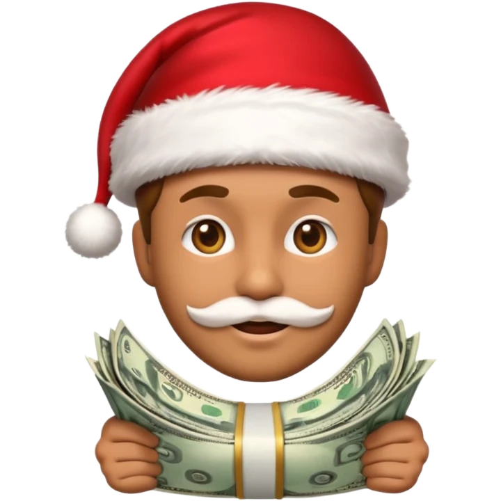 A confident rich emoji face wearing a Santa hat, money stacks, casino vibe, New Year theme, premium 3D emoji style, sharp details, no text, isolated on transparent background emoji