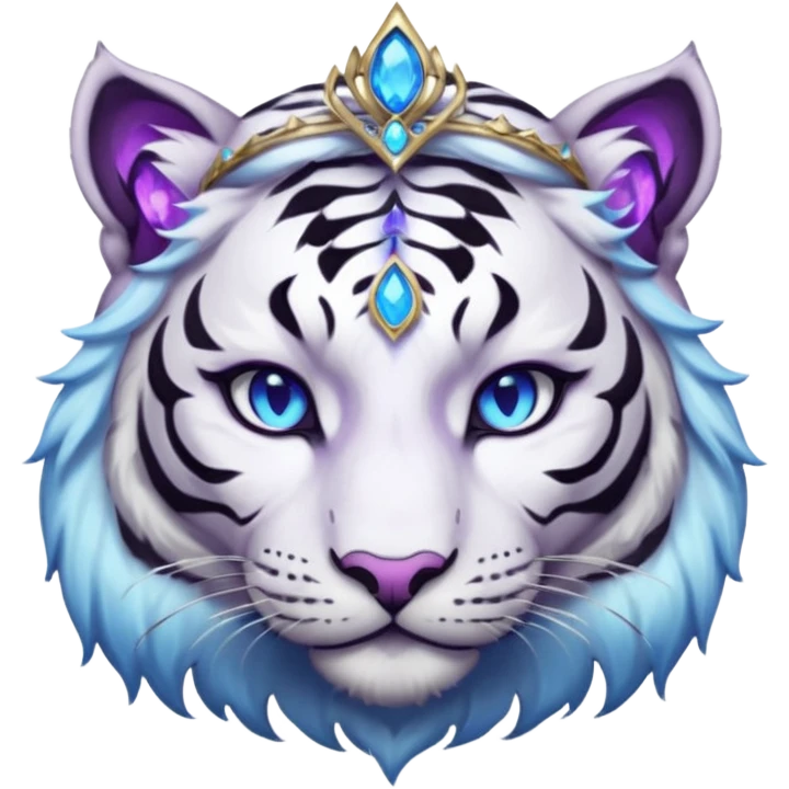 ESO Female white/black tiger khajiit leader of the umbral rose, glowing blue eyes, glowing blue 'third eye' gem; purple gem silver tiara emoji