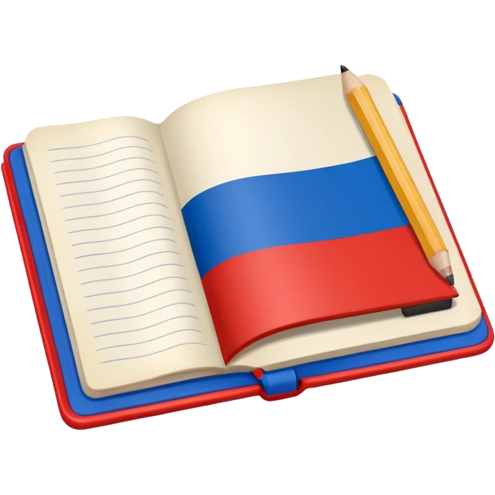 book with Russian flag colors, open notebook and pencil nearby emoji