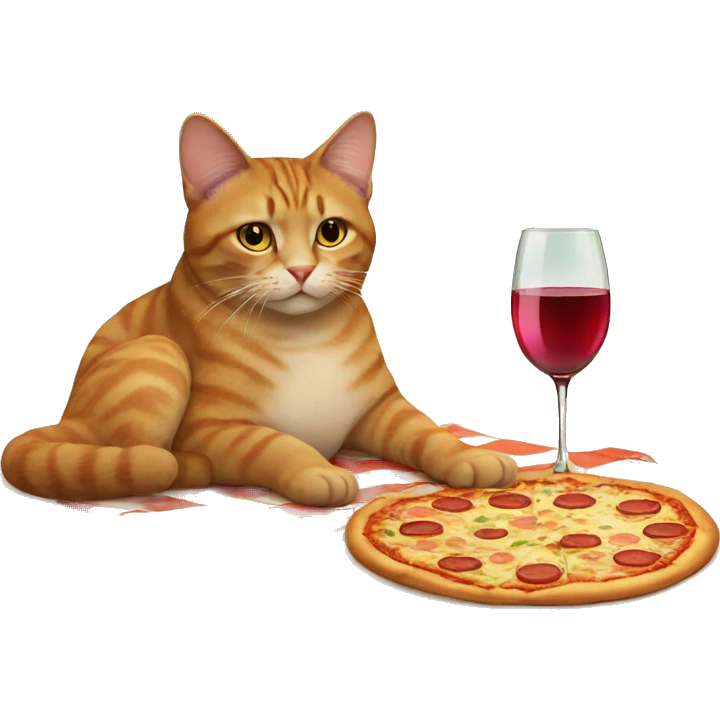A cat with Wine on the beach with pizza  emoji