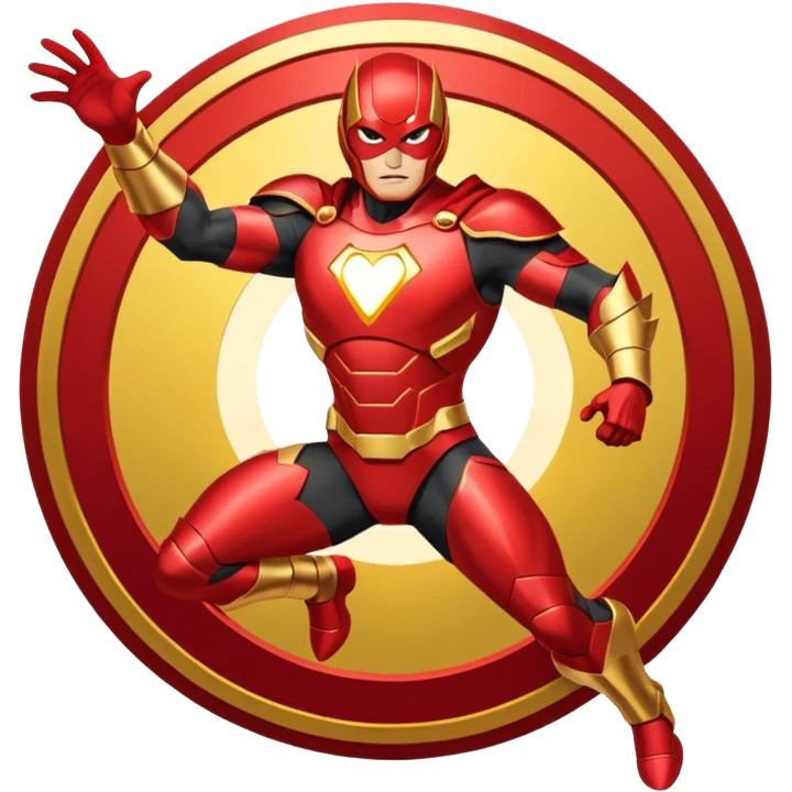 "A high-quality die-cut sticker of a tech-based armored superhero in a dynamic flying pose. Vibrant red and gold metallic plating, glowing circular chest piece, thick white border, flat vector art style, white background." emoji