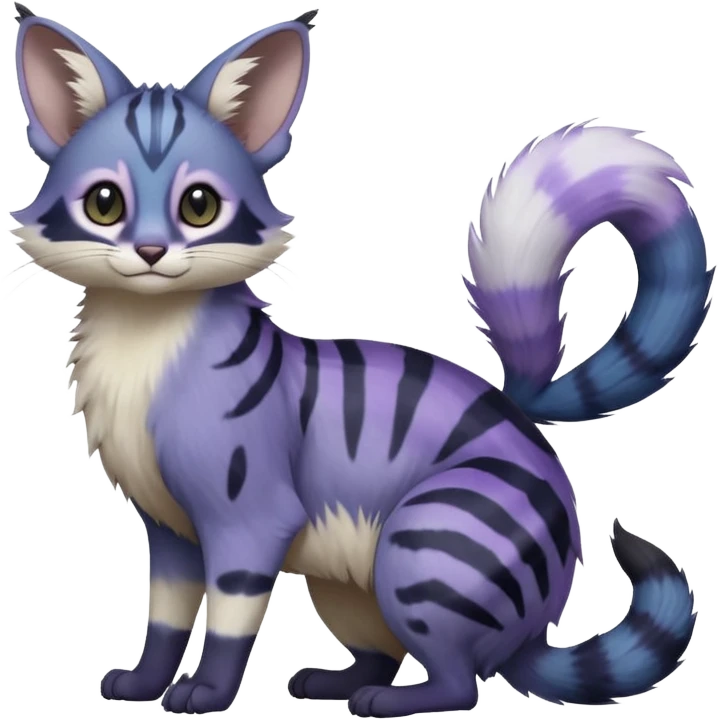  Realistic dull gloomy-dark-deep-grayish-indigo-violet-gradients fur with random markings beautiful elegant pretty precious cute  Fakémon-Pokémon-opossum-feline-serval-caracal-chinchilla-Minccino-hybrid-creature with a big fluffy bushy striped tail (full body) emoji