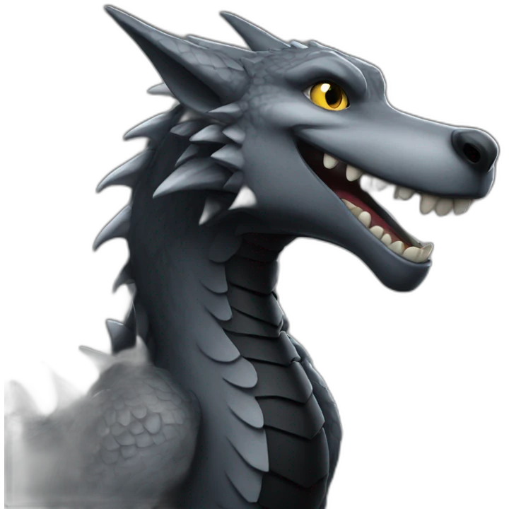 Grey Woolf smiling on a black dragon emoji