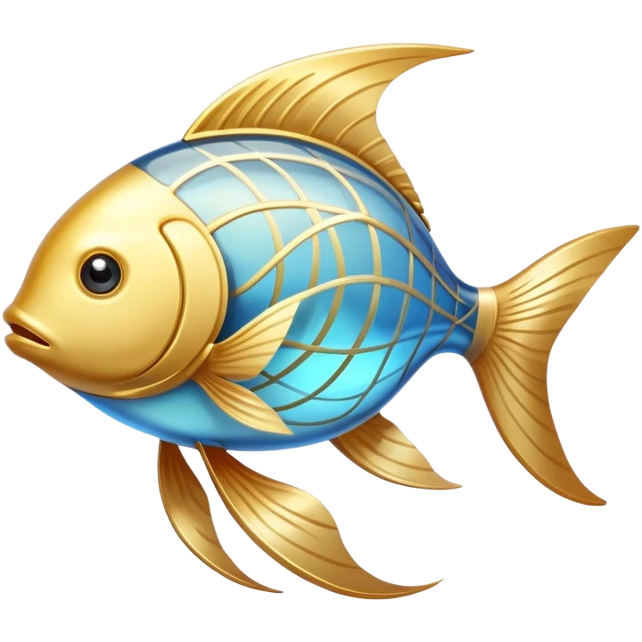 Luminous golden fish icon with flowing lines, stylized as an omega-3 symbol. The fish has a metallic gold appearance with gentle light emanating from within, creating a magical, ethereal quality against a subtle blue glow. emoji