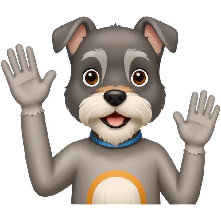 Happy Schnauzer waving hello. A speech bubble with HELLO emoji