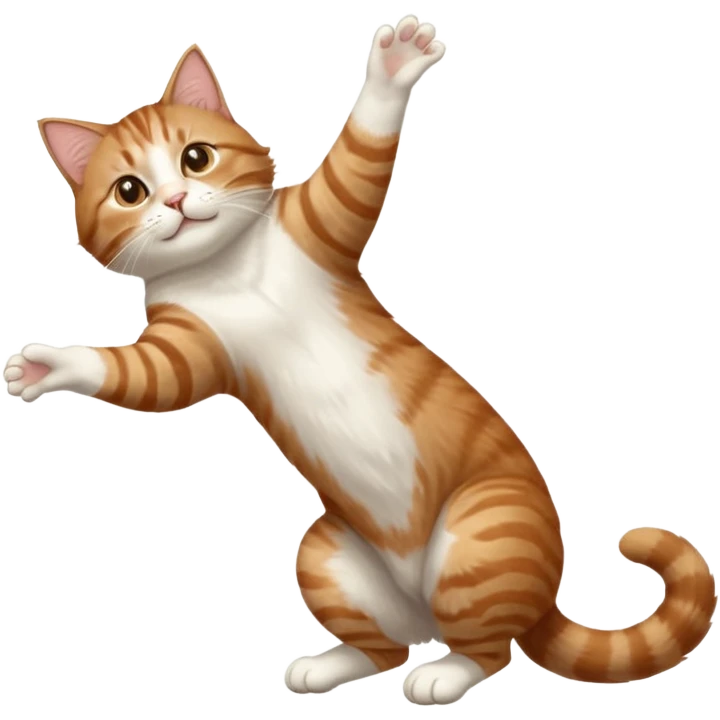 brown tabby and white cat with doing a big extremely long stretch reaching up into the air with arms and legs side by side together straight and overextended whilst lying on its side emoji