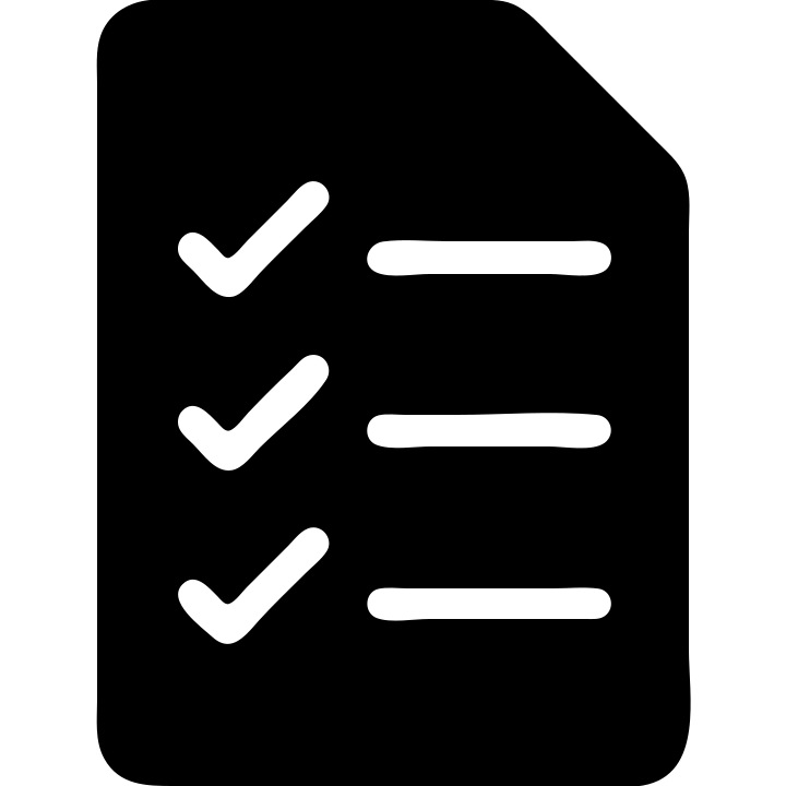 document with multiple checkmarks, strong contrast, solid filled icon style, no color emoji