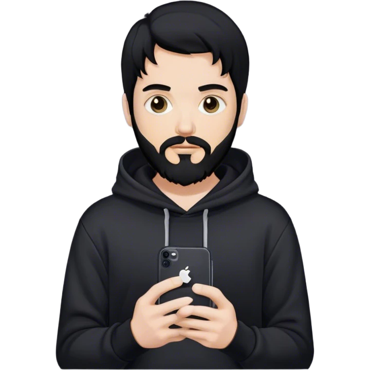 hackeur blanc cheveux noir barbe et capuche noir avec un iphone 16 pro emoji