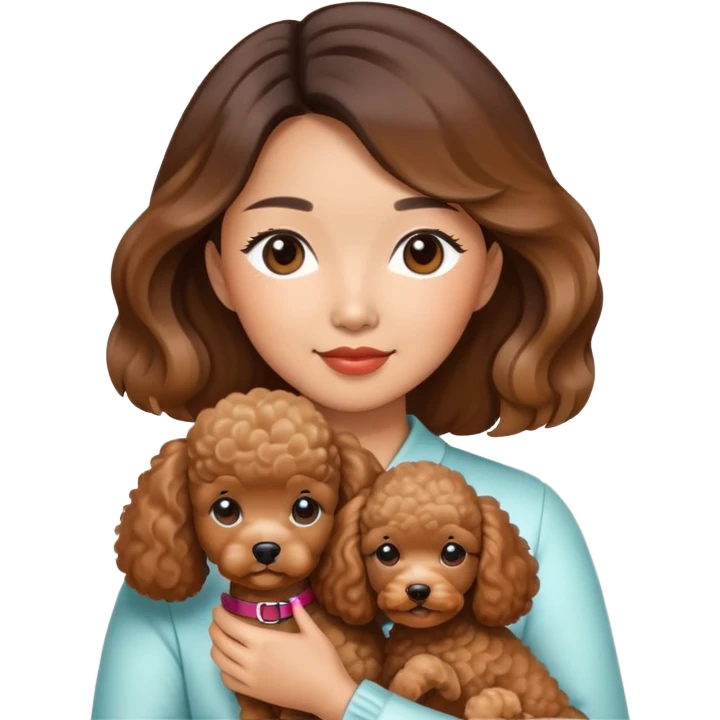 a asian lady with balayage hair holding a brown poodle emoji