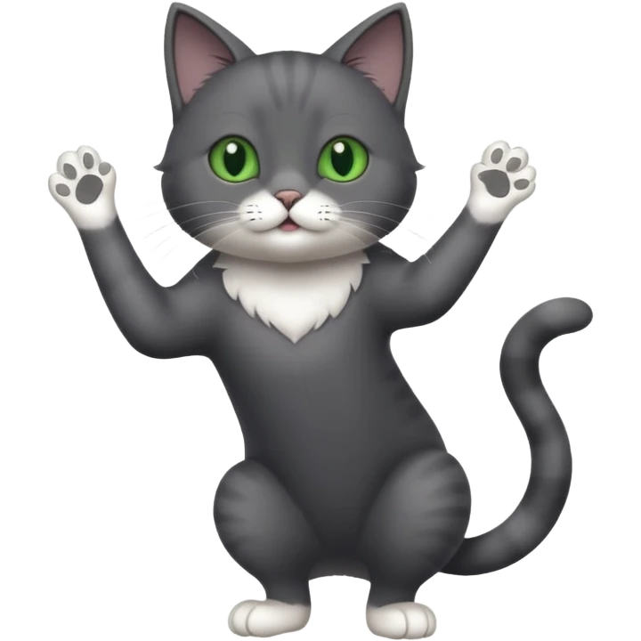 full body gorgeous solid dark grey cat with green eyes, white paws and white whiskers playing emoji