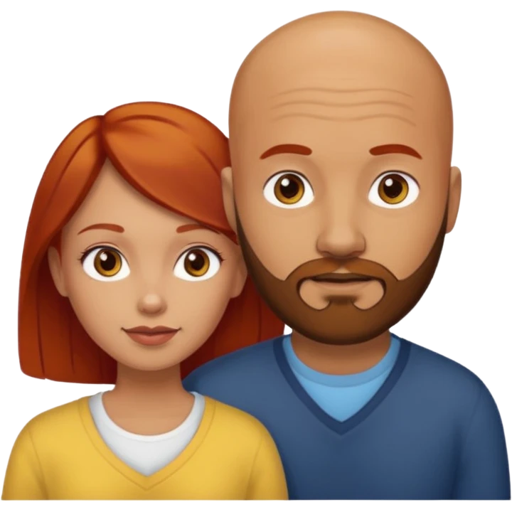 Couple. A bald man with dark brown beard and a girl with light skin. She is a redhead and has dark yellow brown auburn hair. Different skincolor. She has very light skin. emoji