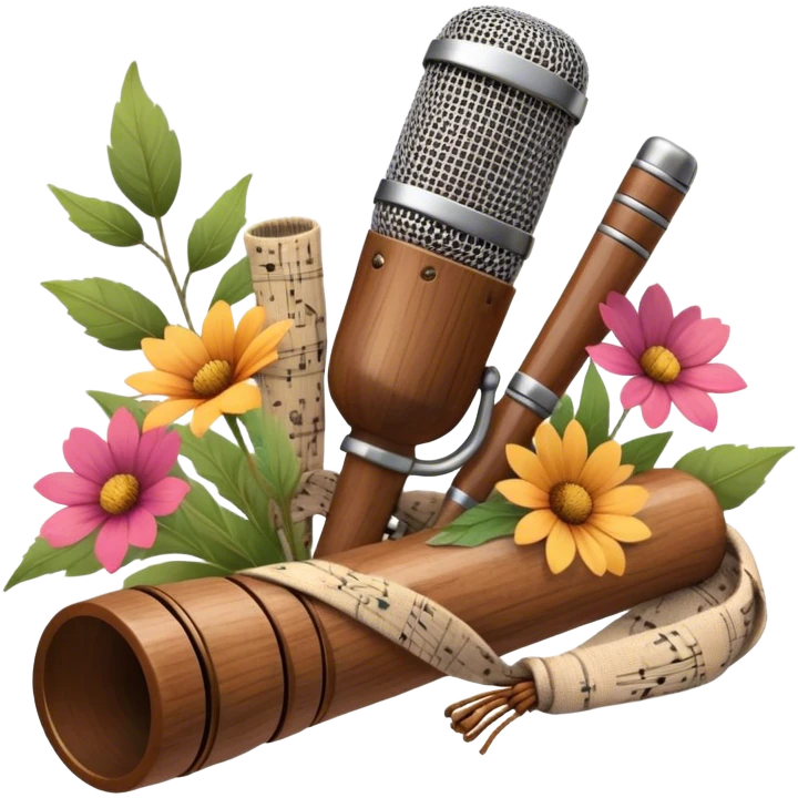 Create a traditional and warm emoji representing folk singing, using a humanless collage. The design should feature a rustic wooden microphone or an old-fashioned folk instrument like a balalaika, gusli, or a domra, placed alongside traditional elements such as a hand-woven scarf or a wooden flute. Include natural, earthy details like wildflowers, musical notes, and rustic textures, evoking the feeling of folk music in its purest form. Use warm, earthy colors like brown, gold, red, and green to create a cozy and organic vibe. The background should be transparent. emoji