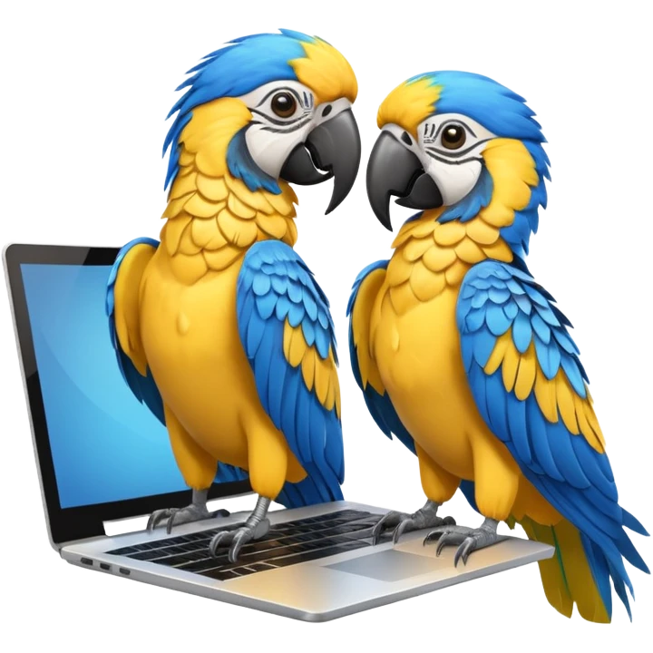 Two yellow and blue macaws using a laptop emoji