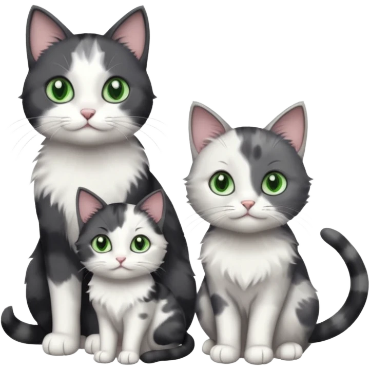 3 different coloured small cats including a dark grey and white, and a patchy calico and a completely solid dark grey with green eyes and only white paws emoji