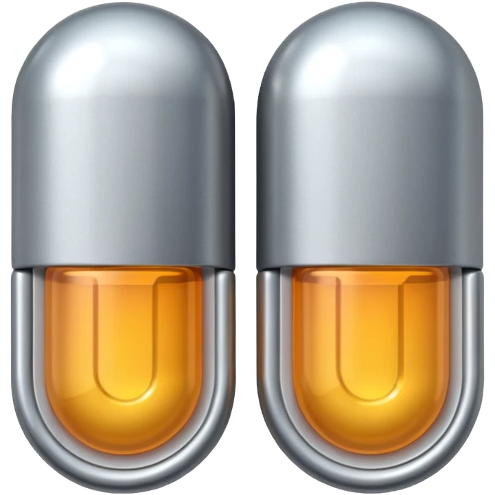 capsule pill emoji, metallic silver halves, smooth glossy finish, futuristic pharmaceutical 3D icon, isolated on white emoji