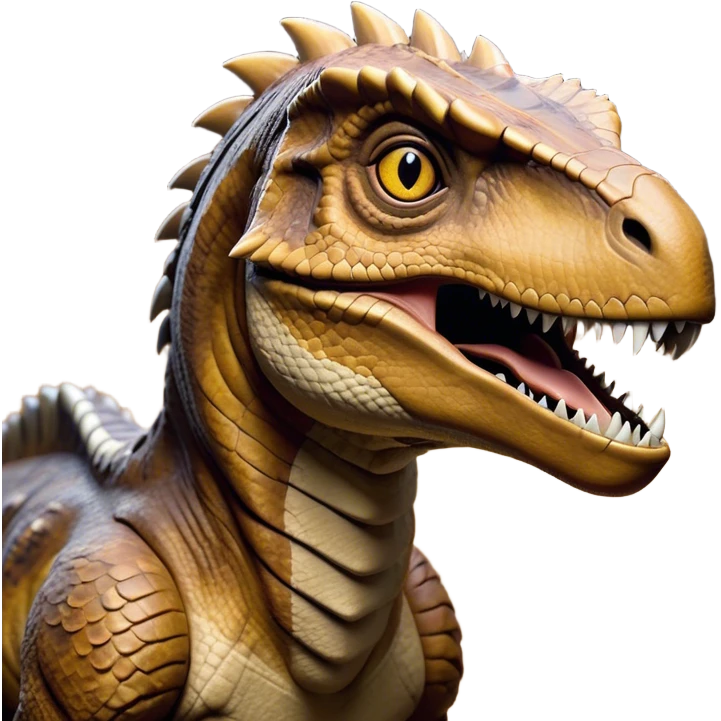 Cinematic Realistic Noble velociraptor/T-rex Portrait Emoji, Poised and imposing, with a massive, muscular build and a rugged, intricately scaled hide in ancient earthy tones, a sharply defined, fearsome head with piercing, primal eyes rendered in lifelike detail, high shine, intelligent and formidable, styled with an air of prehistoric authority, focused and attentive, soft glowing outline, capturing the essence of a watchful and confident velociraptor/T-rex that appears ready to roar out of the screen with timeless power! emoji