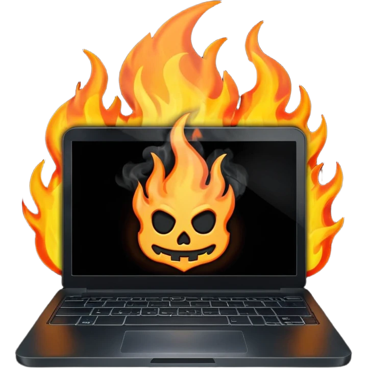  burning laptop with malwarebytes logo emoji