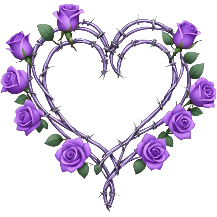 heart shape made out of barb wire vines with purple roses border with crystals hanging  emoji