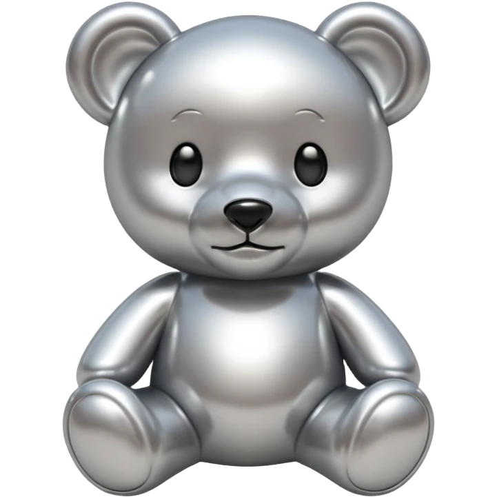 A cute teddy bear emoji made of liquid silver chrome, smooth rounded body, glossy metallic surface, soft reflections, friendly proportions, iOS emoji style, centered, clean white background emoji