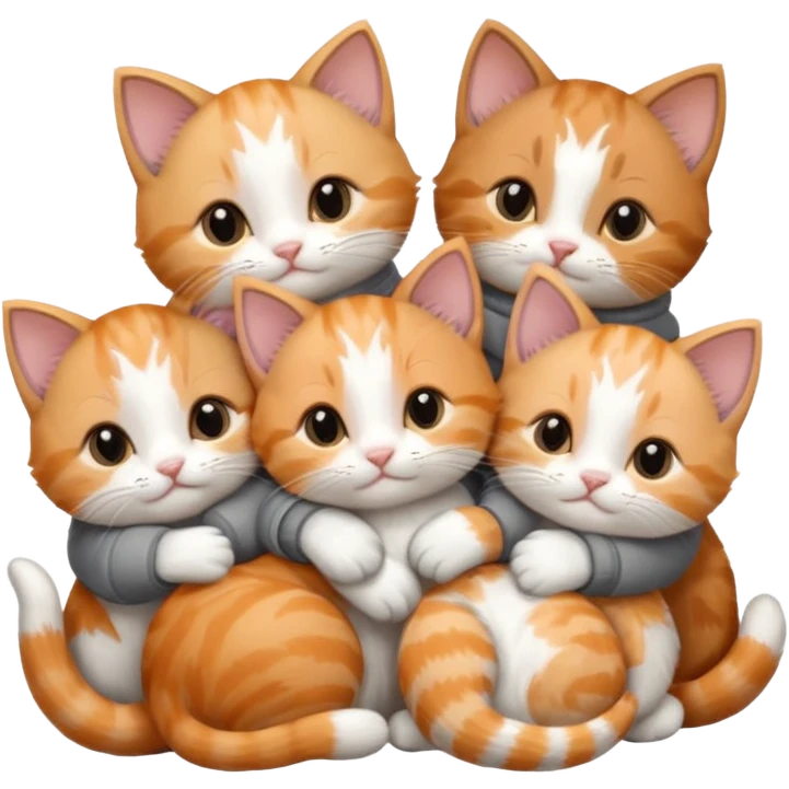 6 tiny kittens cuddling together all various different natural colours including solid grey with white mittens, grey and white, ginger and white, calico, and brown and white emoji