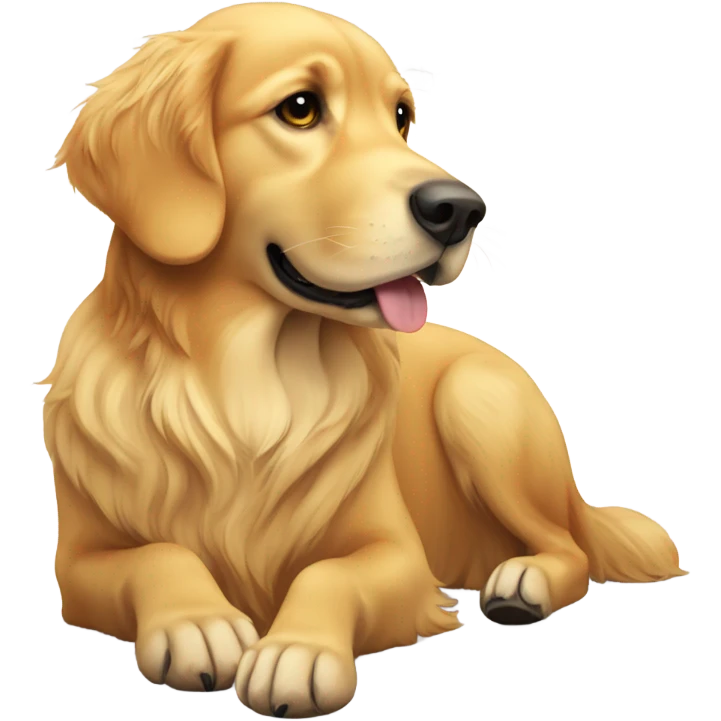 A golden retriever lying down looking up at someone emoji